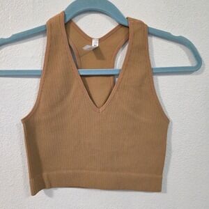 Zenana Ribbed V-Neck Racerback Brami Crop Tank Top Camel Brown L/XL NT-54014A